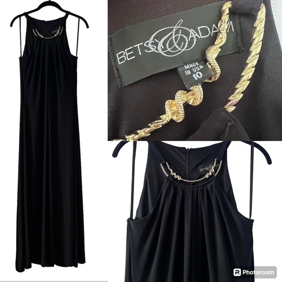 EUC Betsy & Adam Black Maxi Dress with Embellished Faux Gold Collar size 10 - Picture 1 of 9